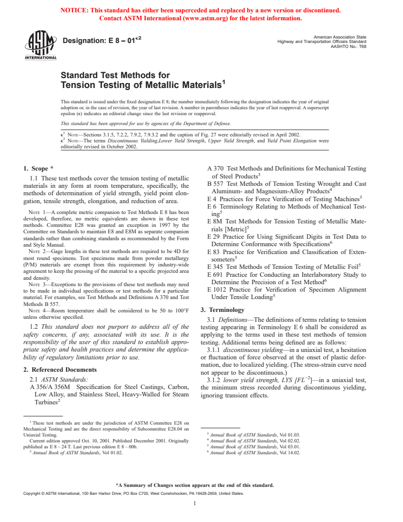 ASTM E8-01e2 - Standard Test Methods for Tension Testing of Metallic Materials