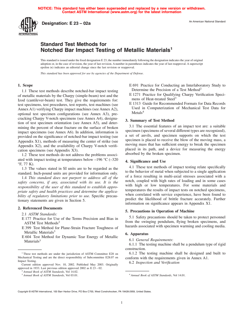 ASTM E23-02a - Standard Test Methods for Notched Bar Impact Testing of Metallic Materials