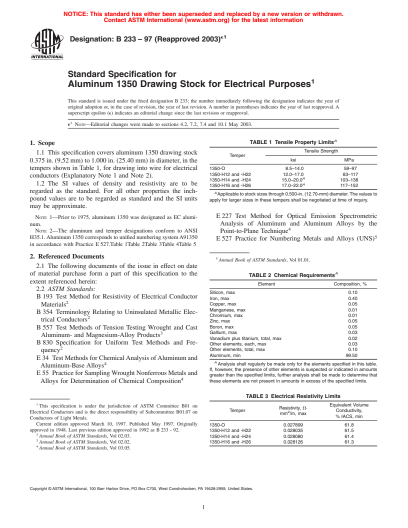 ASTM B233-97(2003)e1 - Standard Specification for Aluminum 1350 Drawing Stock for Electrical Purposes