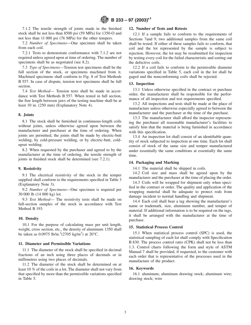 ASTM B233-97(2003)e1 - Standard Specification for Aluminum 1350 Drawing Stock for Electrical Purposes