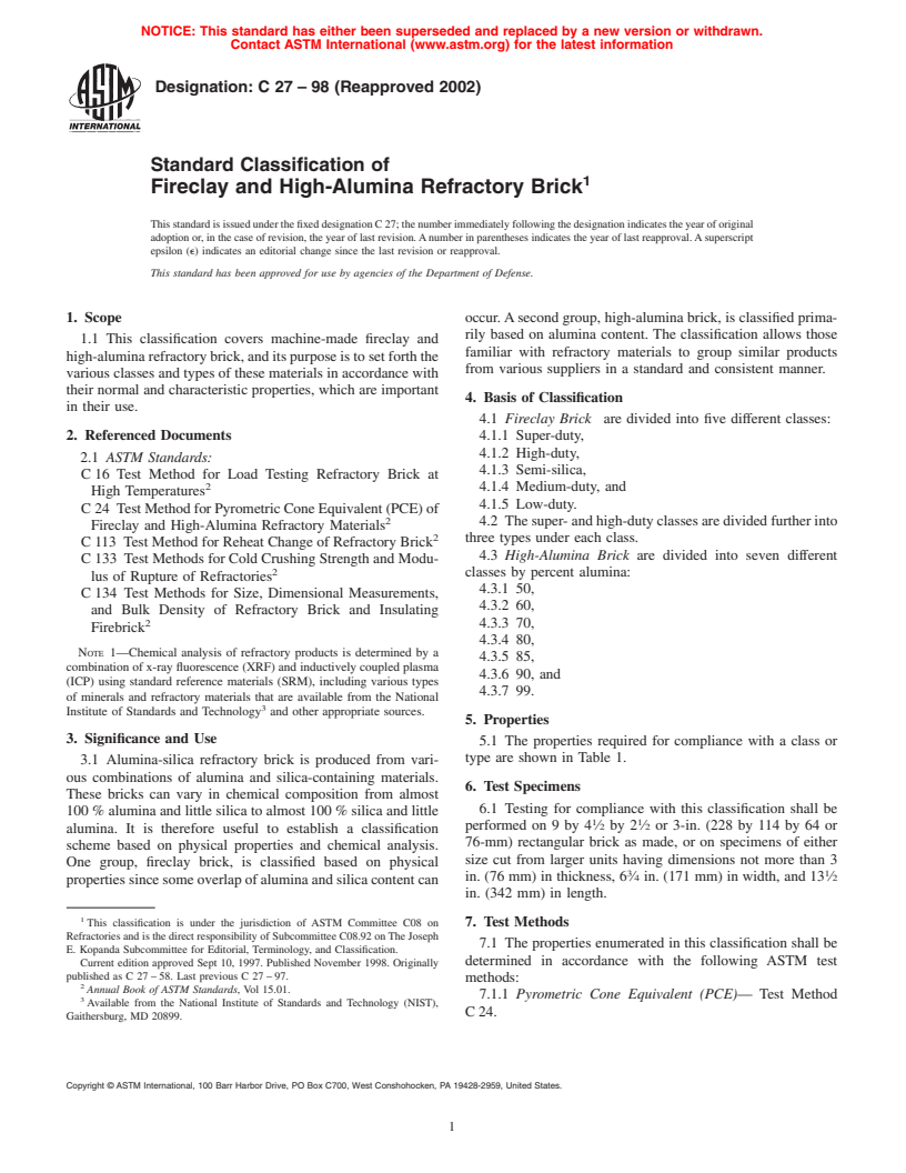 ASTM C27-98(2002) - Standard Classification of Fireclay and High-Alumina Refractory Brick