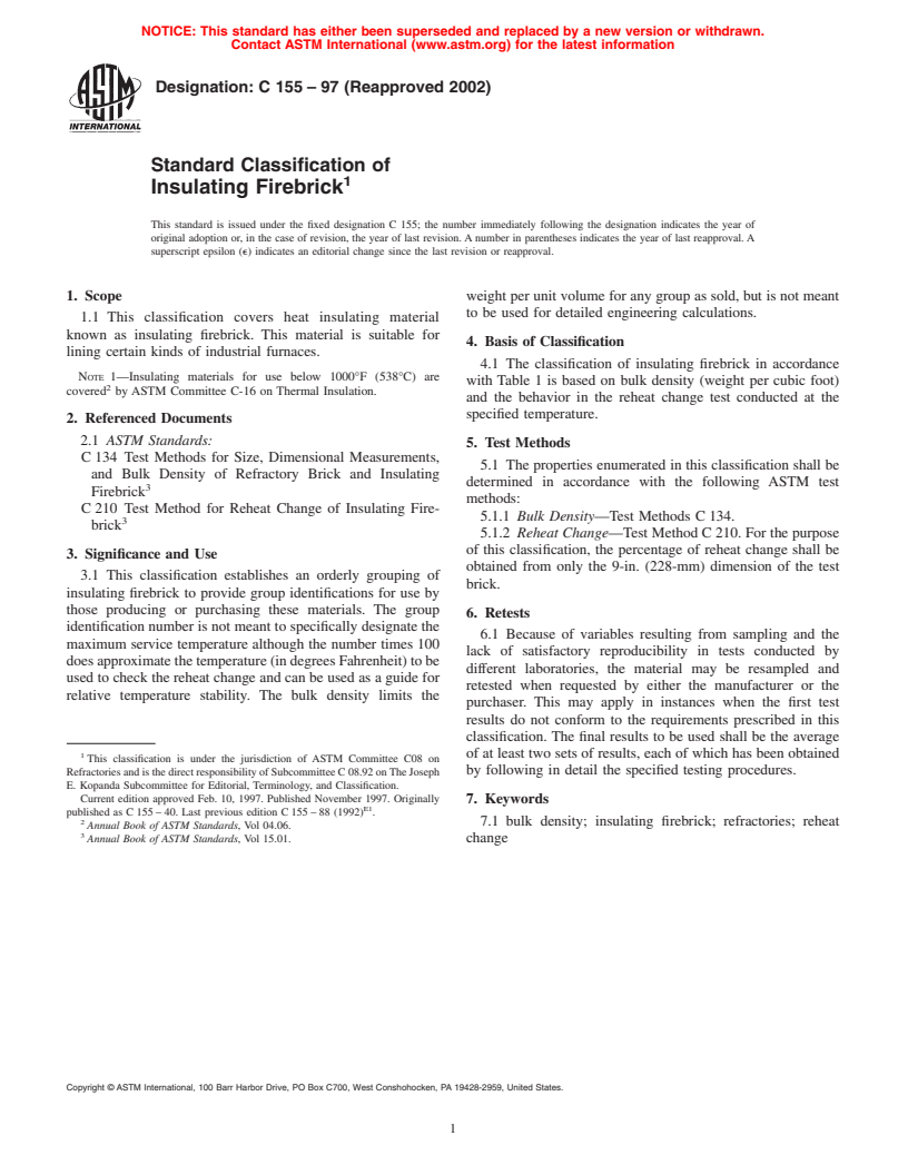 ASTM C155-97(2002) - Standard Classification of Insulating Firebrick