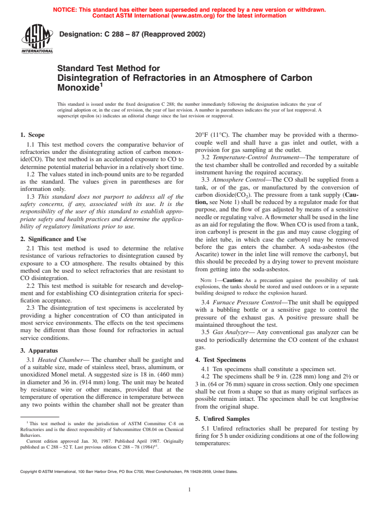 ASTM C288-87(2002) - Standard Test Method for Disintegration of Refractories in an Atmosphere of Carbon Monoxide