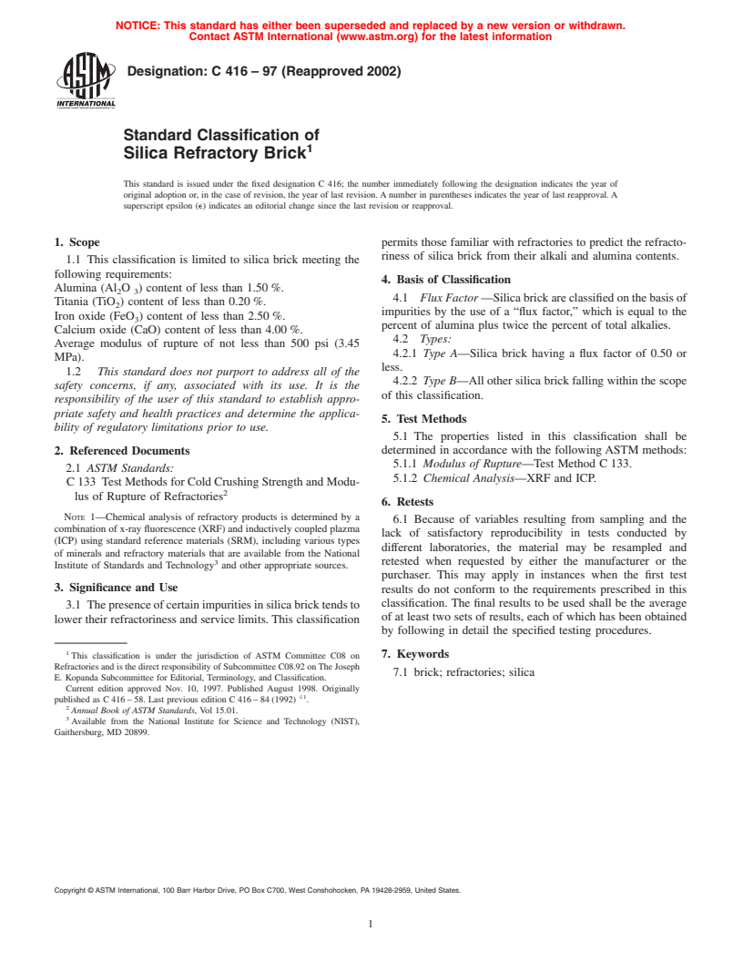 ASTM C416-97(2002) - Standard Classification of Silica Refractory Brick