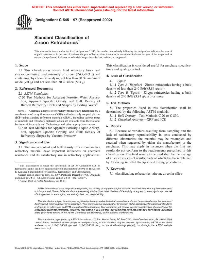 ASTM C545-97(2002) - Standard Classification of Zircon Refractories