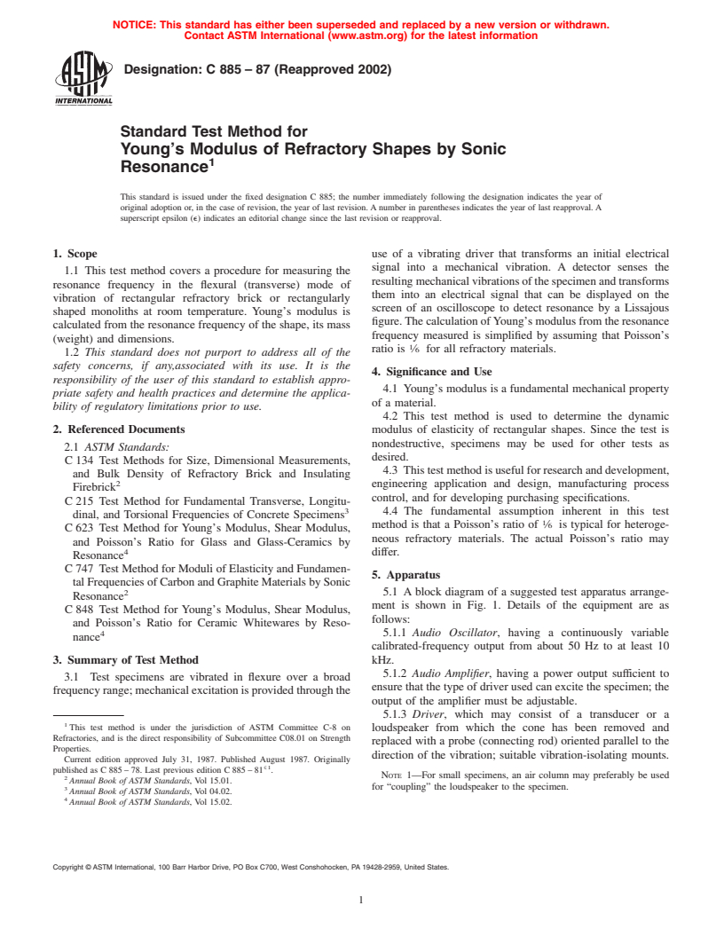 ASTM C885-87(2002) - Standard Test Method for Young's Modulus of Refractory Shapes by Sonic Resonance