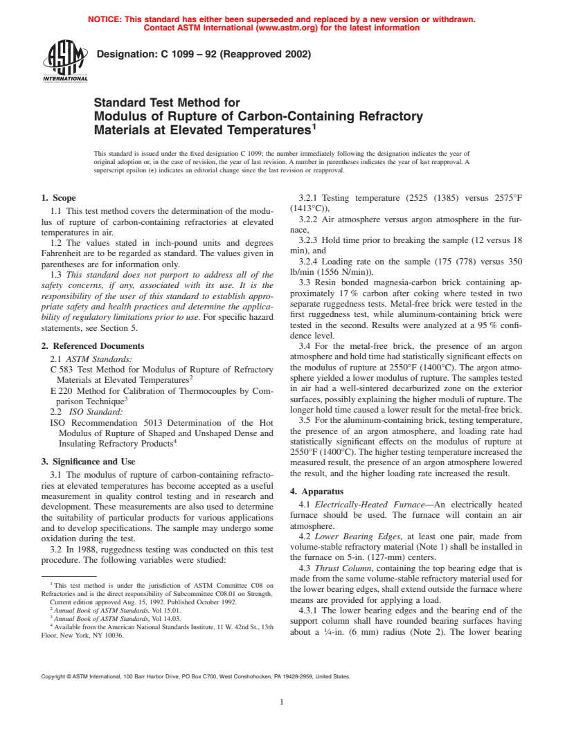 ASTM C1099-92(2002) - Standard Test Method for Modulus of Rupture of Carbon-Containing Refractory Materials at Elevated Temperatures