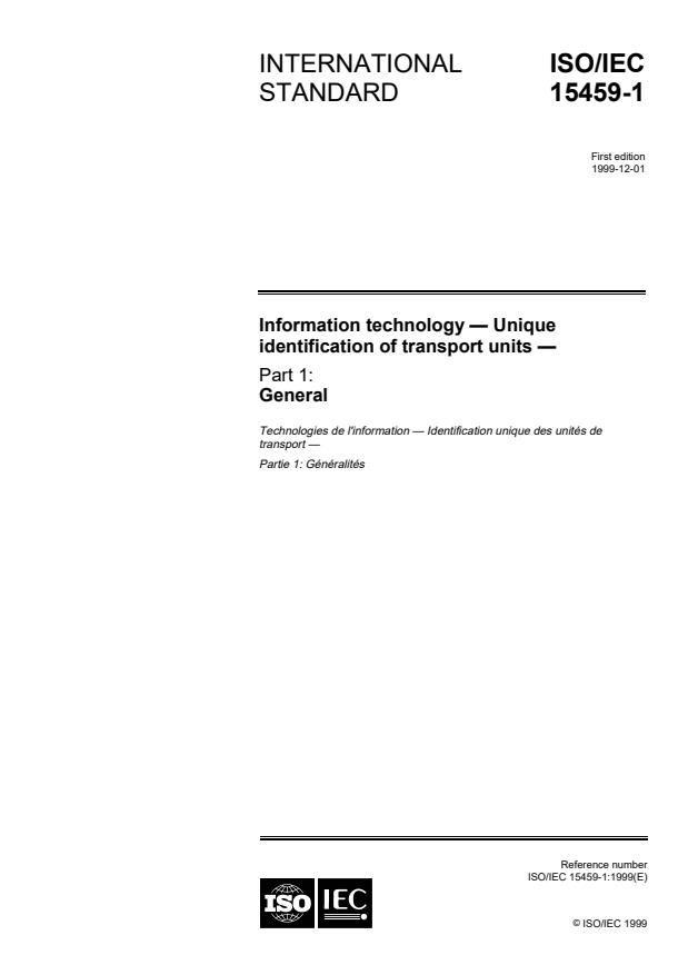 ISO/IEC 15459-1:1999 - Information technology -- Unique identification of transport units