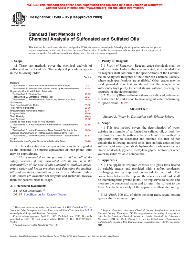 ASTM D500-95(2003) - Standard Test Methods of Chemical Analysis of Sulfonated and Sulfated Oils