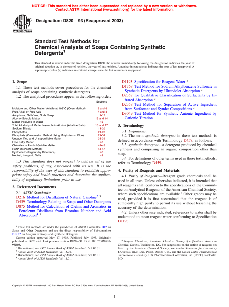 ASTM D820-93(2003) - Standard Test Methods for Chemical Analysis of Soaps Containing Synthetic Detergents