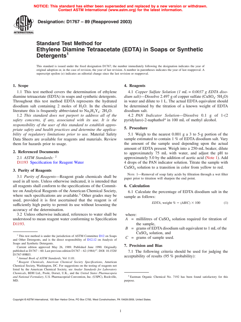 ASTM D1767-89(2003) - Standard Test Method for Ethylene Diamine Tetraacetate (EDTA) in Soaps or Synthetic Detergents