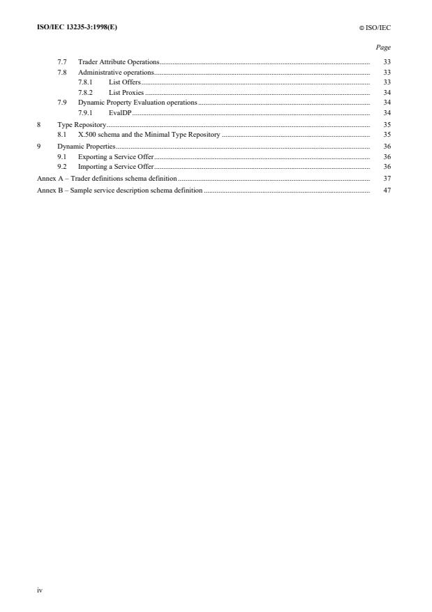 ISO/IEC 13235-3:1998 ISO/IEC 13235-3:1998 - Information technology -- Open Distributed Processing -- Trading Function - Page 4 preview
