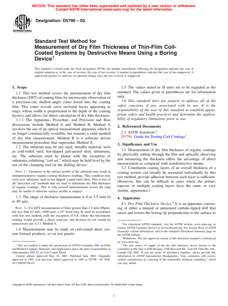 ASTM D5796-03 - Standard Test Method for Measurement of Dry Film Thickness of Thin Film Coil-Coated Systems by Destructive Means Using a Boring Device