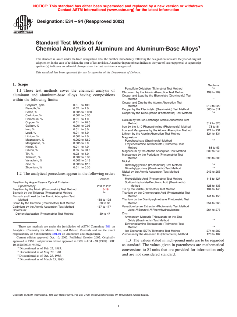 ASTM E34-94(2002) - Standard Test Methods for Chemical Analysis of Aluminum and Aluminum-Base Alloys