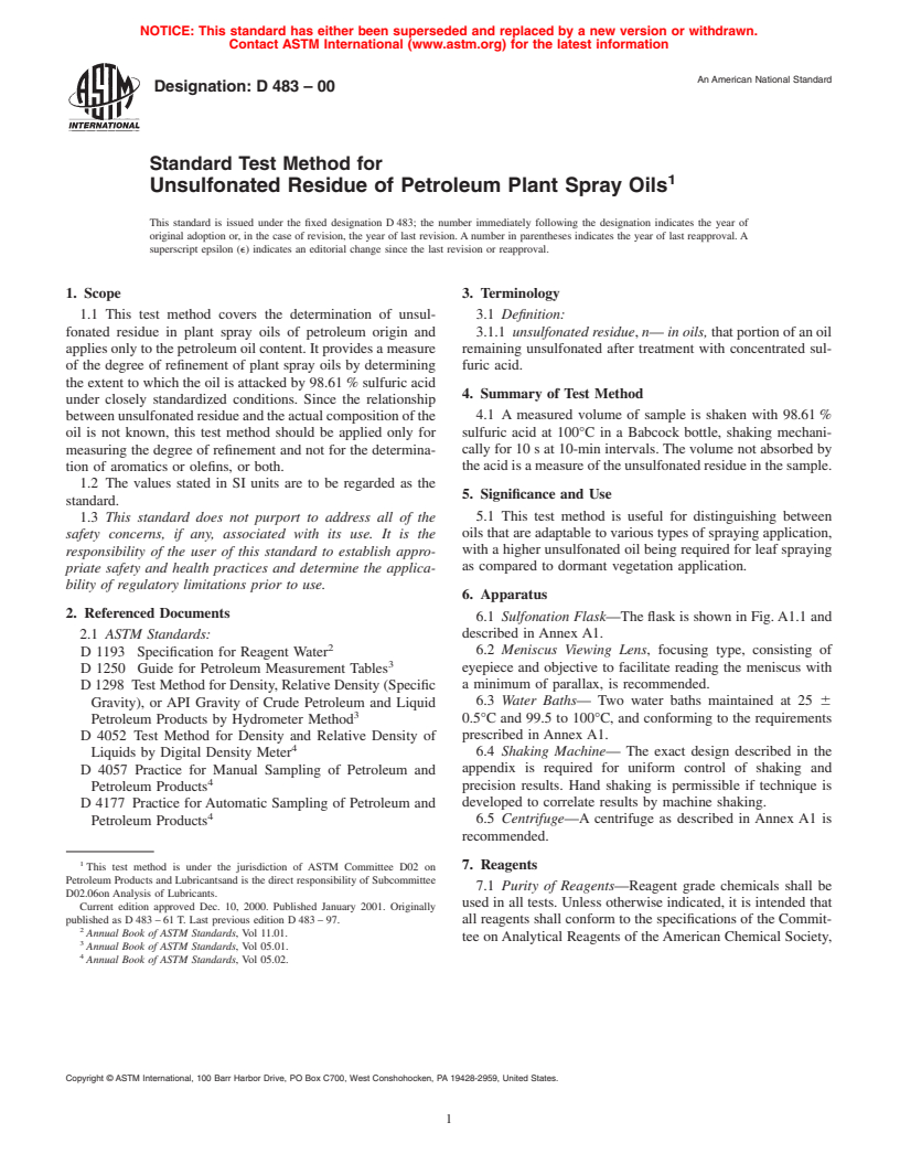 ASTM D483-00 - Standard Test Method for Unsulfonated Residue of Petroleum Plant Spray Oils