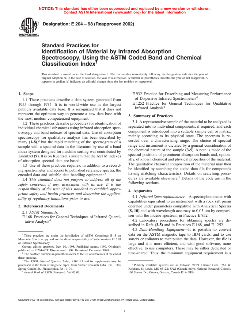 ASTM E204-98(2002) - Standard Practices for Identification of Material by Infrared Absorption Spectroscopy, Using the ASTM Coded Band and Chemical Classification Index