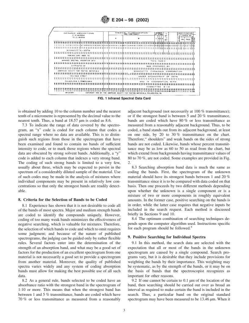 ASTM E204-98(2002) - Standard Practices for Identification of Material by Infrared Absorption Spectroscopy, Using the ASTM Coded Band and Chemical Classification Index