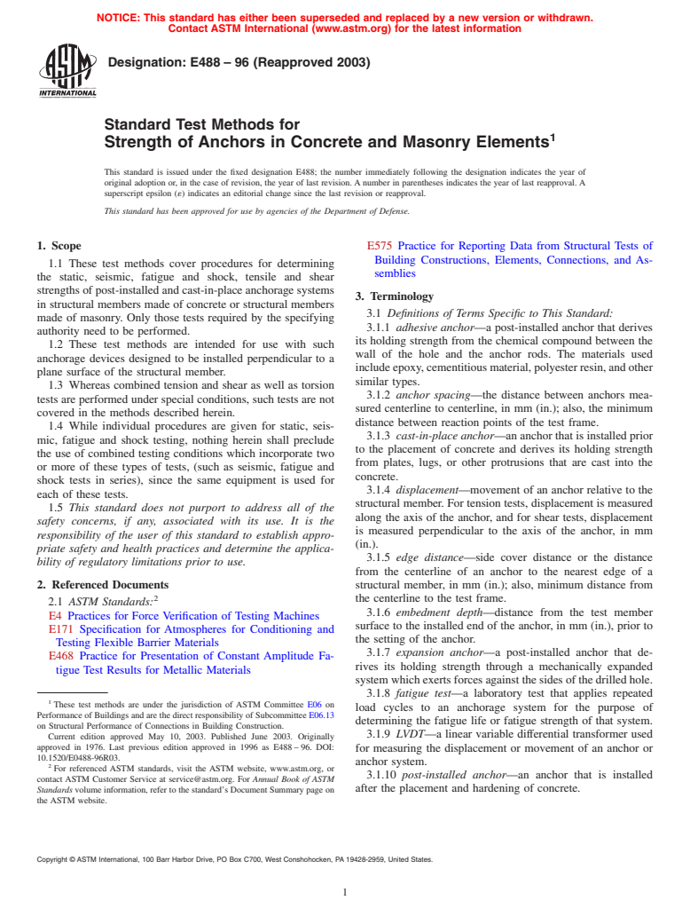 ASTM E488-96(2003) - Standard Test Methods for Strength of Anchors in Concrete and Masonry Elements