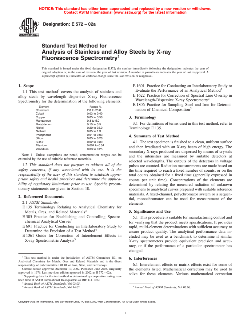 ASTM E572-02a - Standard Test Method for Analysis of Stainless and Alloy Steels by X-ray Fluorescence Spectrometry