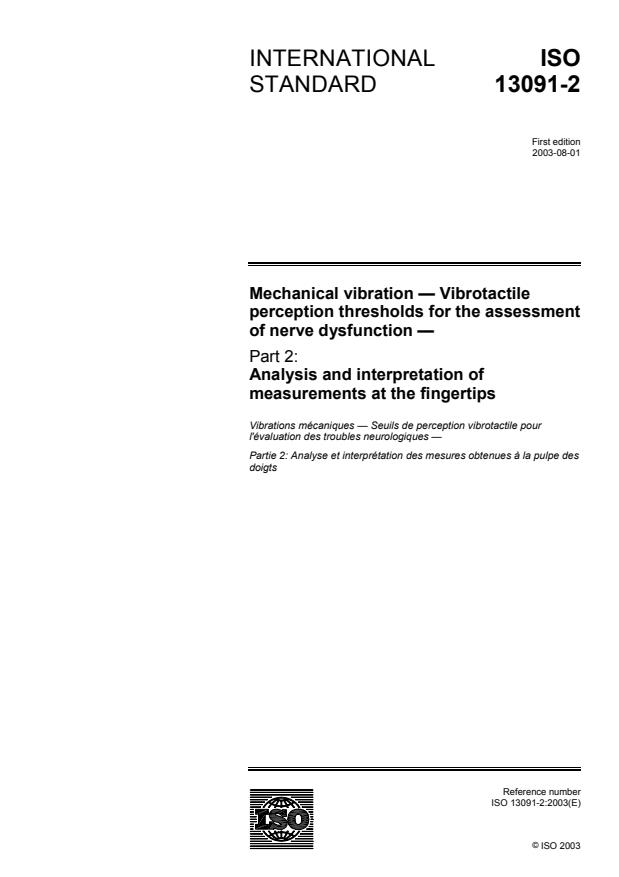ISO 13091-2:2003 - Mechanical vibration -- Vibrotactile perception thresholds for the assessment of nerve dysfunction