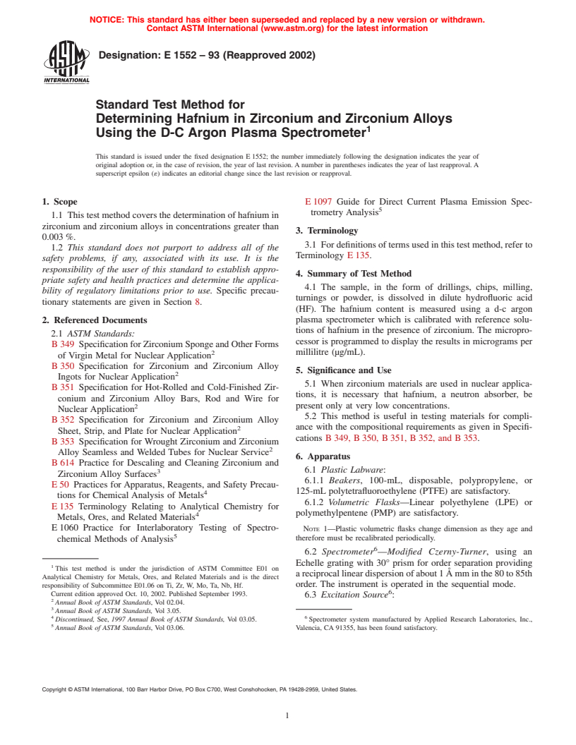 ASTM E1552-93(2002) - Standard Test Method for Determining Hafnium in Zirconium and Zirconium Alloys Using the D-C Argon Plasma Spectrometer