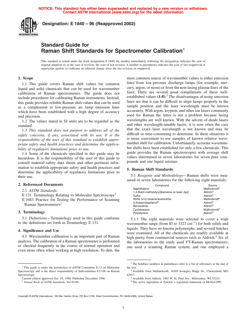 ASTM E1840-96(2002) - Standard Guide for Raman Shift Standards for Spectrometer Calibration