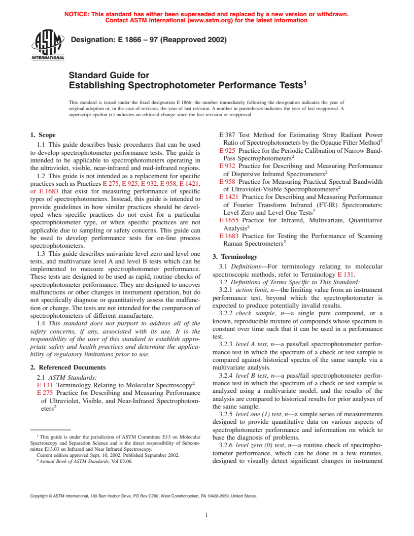 ASTM E1866-97(2002) - Standard Guide for Establishing Spectrophotometer Performance Tests