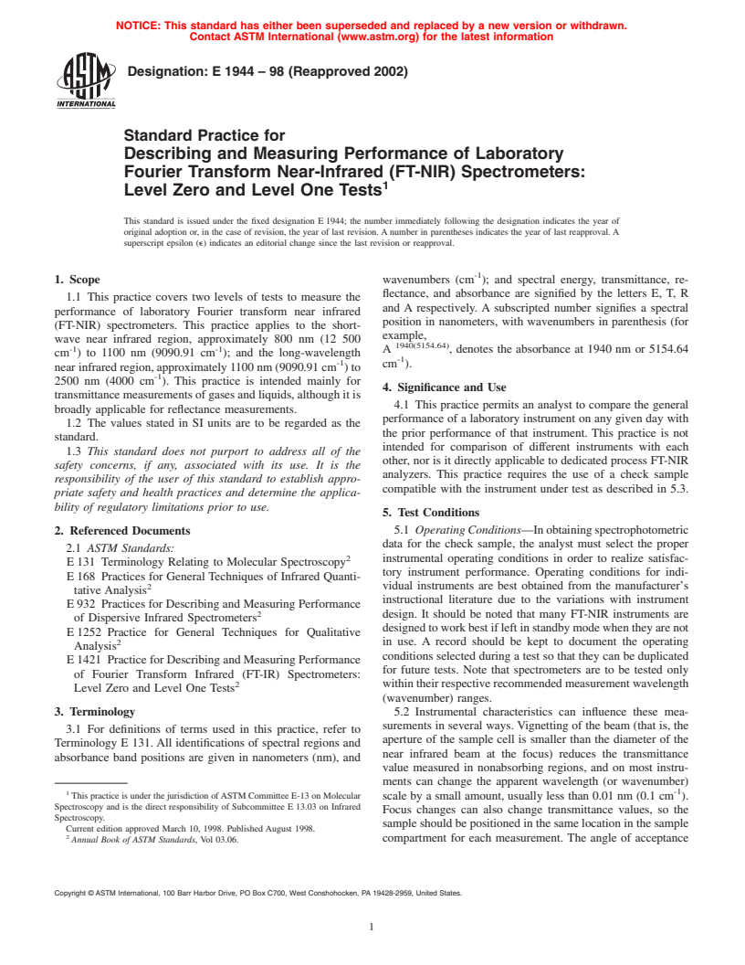 ASTM E1944-98(2002) - Standard Practice for Describing and Measuring Performance of Laboratory Fourier Transform Near-Infrared (FT-NIR) Spectrometers: Level Zero and Level One Tests