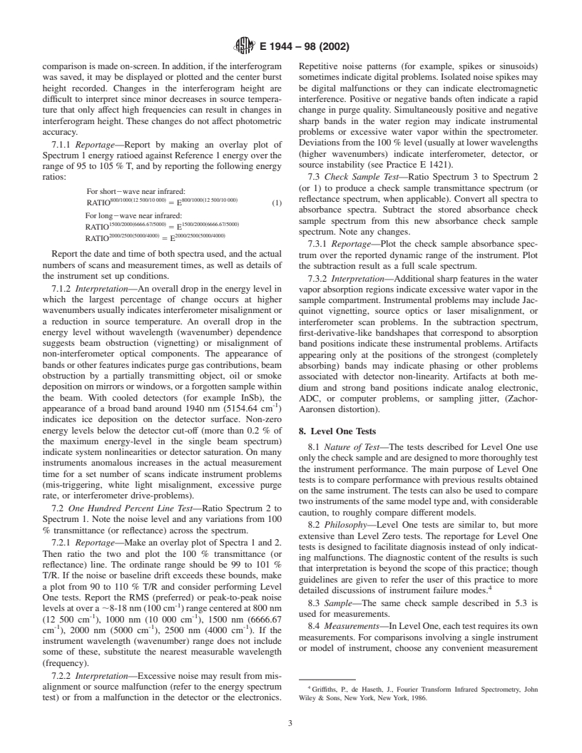 ASTM E1944-98(2002) - Standard Practice for Describing and Measuring Performance of Laboratory Fourier Transform Near-Infrared (FT-NIR) Spectrometers: Level Zero and Level One Tests