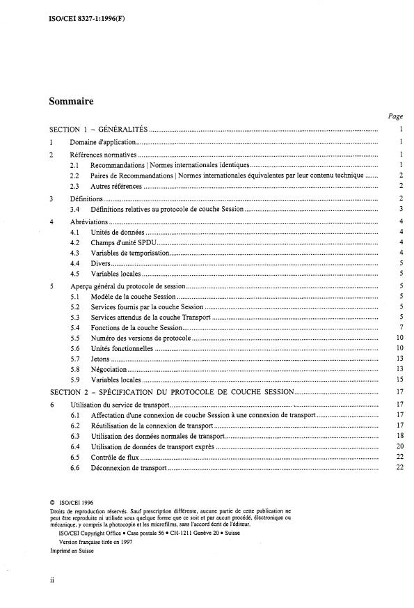 ISO/IEC 8327-1:1996 ISO/IEC 8327-1:1996 - Technologies de l'information -- Interconnexion de systemes ouverts (OSI) -- Protocole de session en mode connexion: Spécification du protocole - Page 2 preview