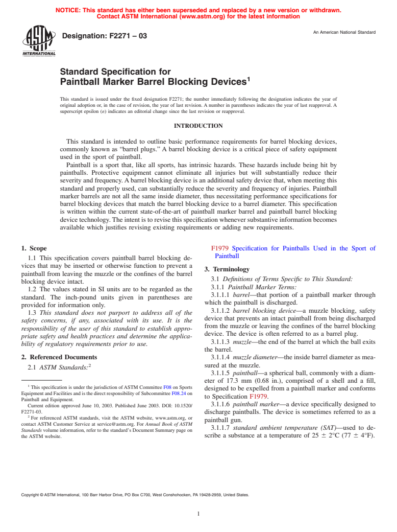 ASTM F2271-03 - Standard Specification for Paintball Marker Barrel Blocking Devices