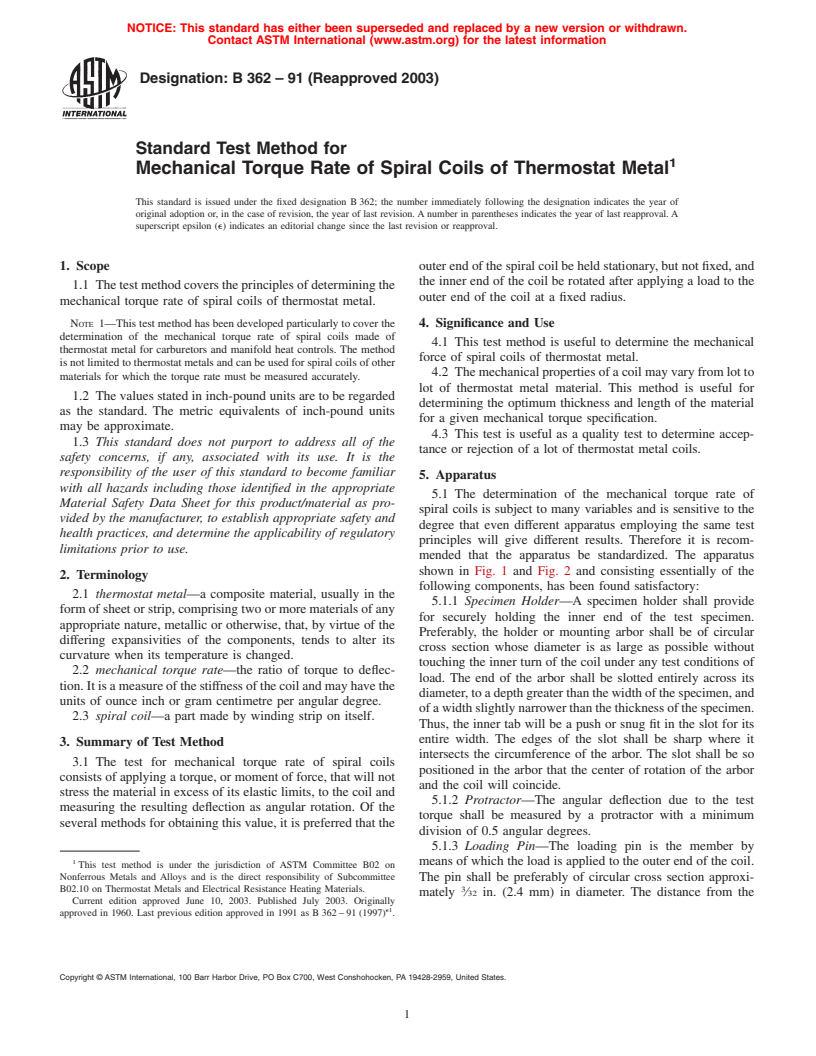 ASTM B362-91(2003) - Standard Test Method for Mechanical Torque Rate of Spiral Coils of Thermostat Metal