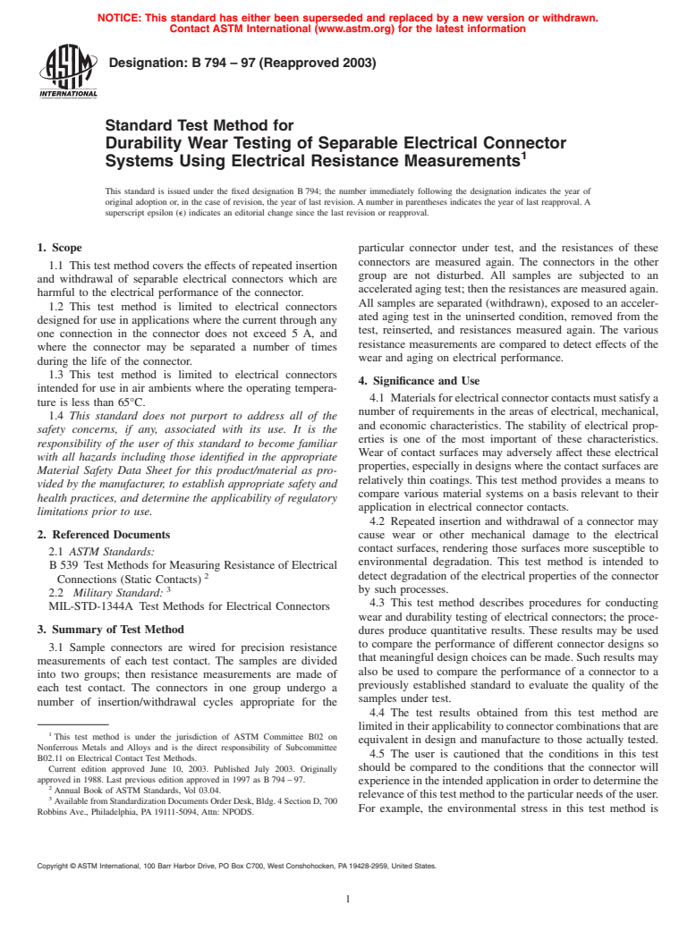 ASTM B794-97(2003) - Standard Test Method for Durability Wear Testing of Separable Electrical Connector Systems Using Electrical Resistance Measurements