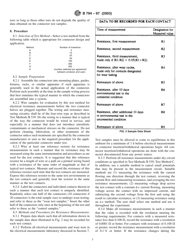 ASTM B794-97(2003) - Standard Test Method for Durability Wear Testing of Separable Electrical Connector Systems Using Electrical Resistance Measurements