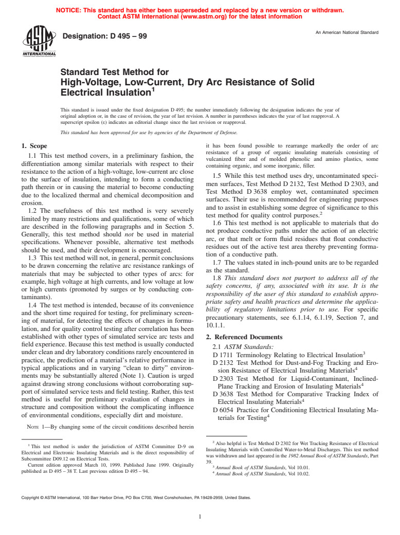 ASTM D495-99 - Standard Test Method for High-Voltage, Low-Current, Dry Arc Resistance of Solid Electrical Insulation