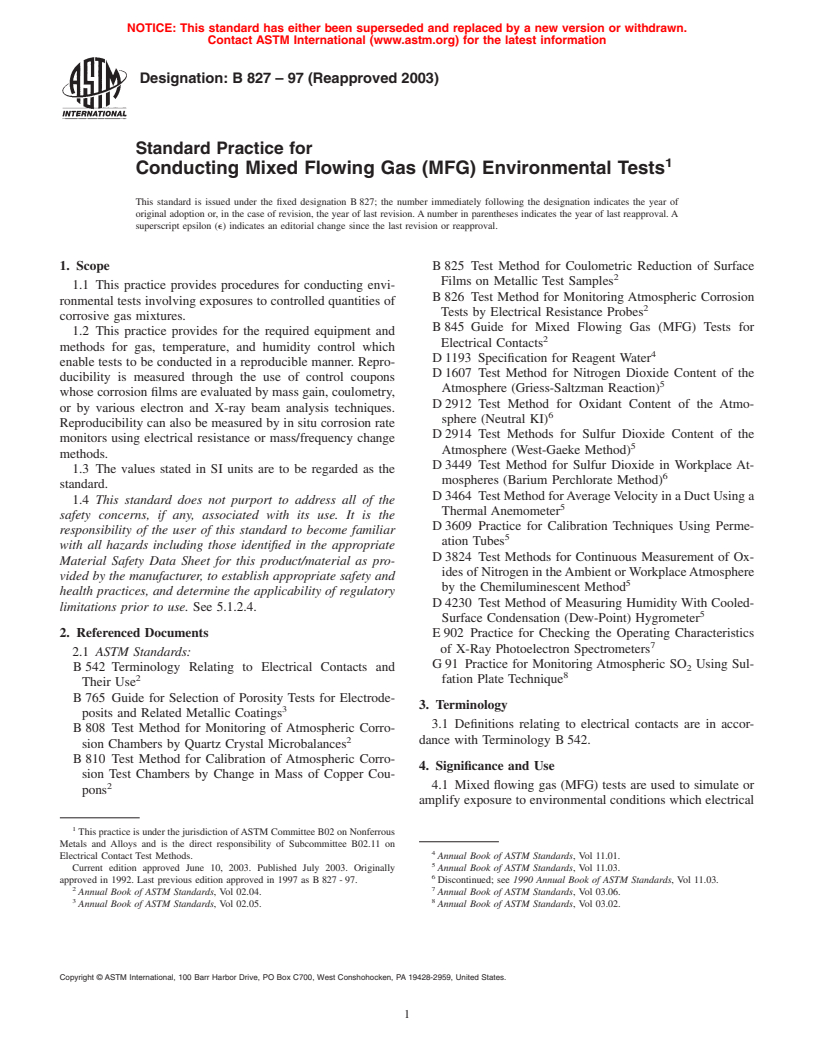 ASTM B827-97(2003) - Standard Practice for Conducting Mixed Flowing Gas (MFG) Environmental Tests