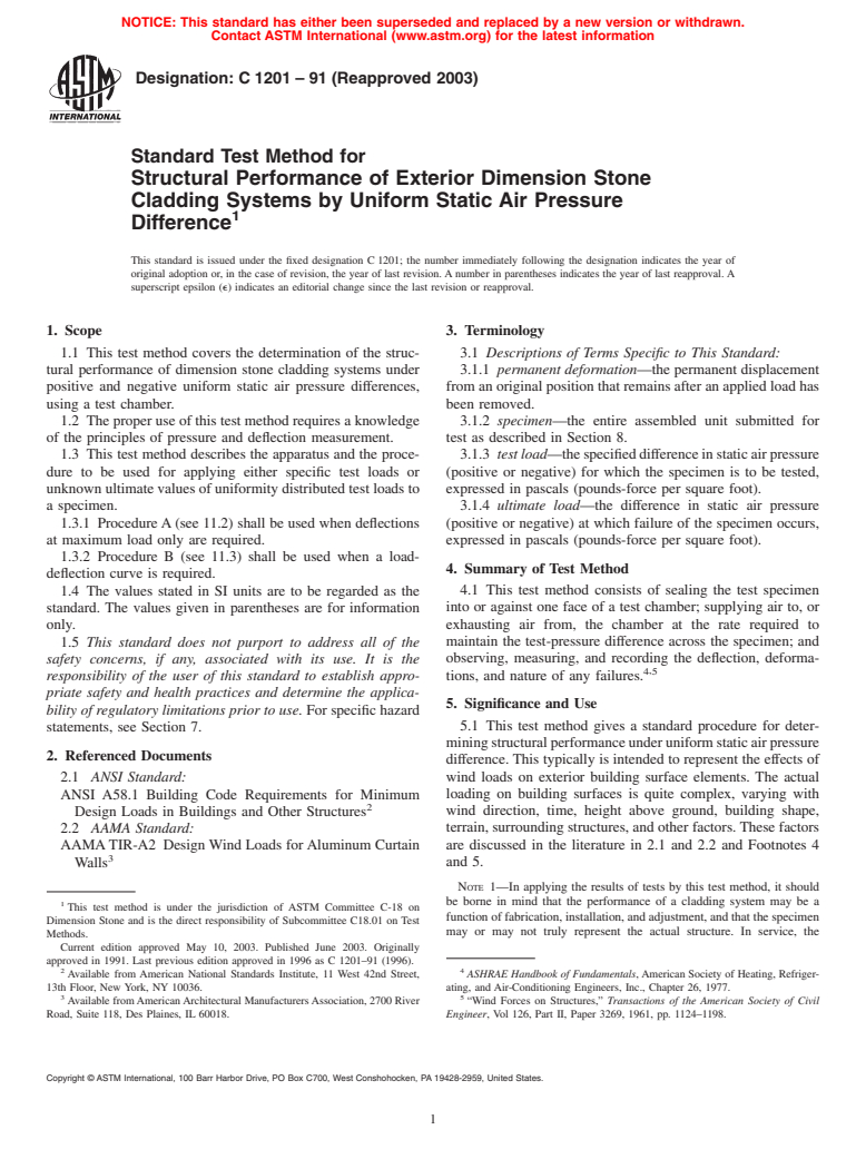 ASTM C1201-91(2003) - Standard Test Method for Structural Performance of Exterior Dimension Stone Cladding Systems by Uniform Static Air Pressure Difference