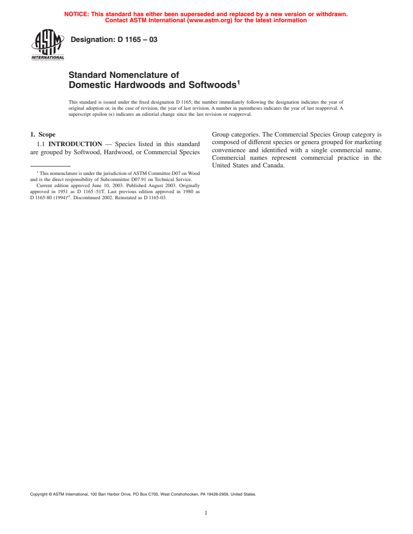 ASTM D1165-03 - Standard Nonmenclature of Domestic Hardwoods and Softwoods