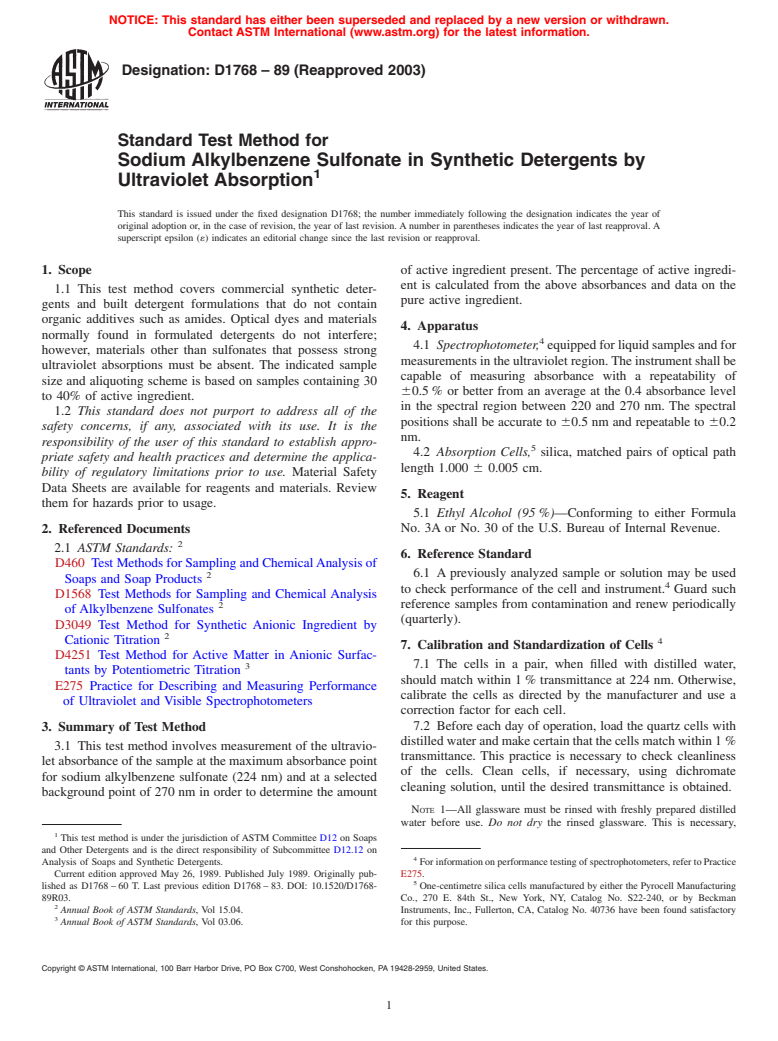 ASTM D1768-89(2003) - Standard Test Method for Sodium Alkylbenzene Sulfonate in Synthetic Detergents by Ultraviolet Absorption