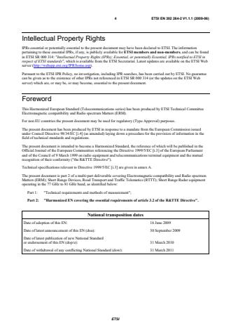 SIST EN 302 264-2 V1.1.1:2009 ETSI EN 302 264-2 V1.1.1 (2009-06) - Electromagnetic compatibility and Radio spectrum Matters (ERM); Short Range Devices; Road Transport and Traffic Telematics (RTTT); Short Range Radar equipment operating in the 77 GHz to 81 GHz band; Part 2: Harmonized EN covering the essential requirements of article 3.2 of the R&TTE Directive - Page 4 preview