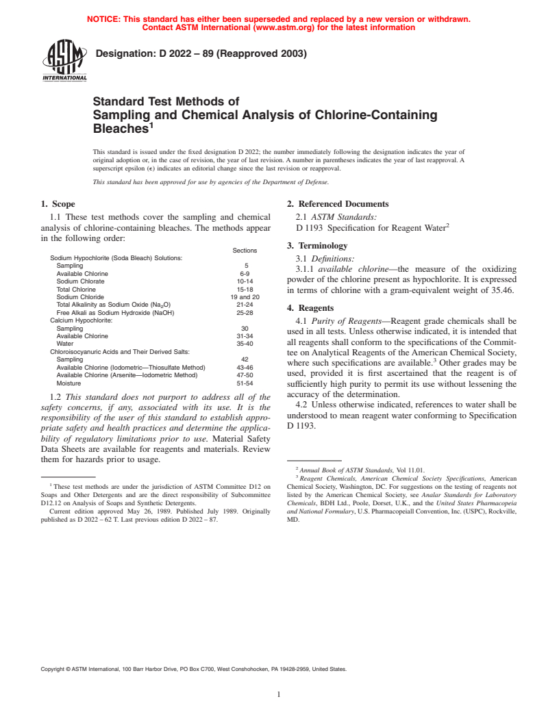 ASTM D2022-89(2003) - Standard Test Methods of Sampling and Chemical Analysis of Chlorine-Containing Bleaches