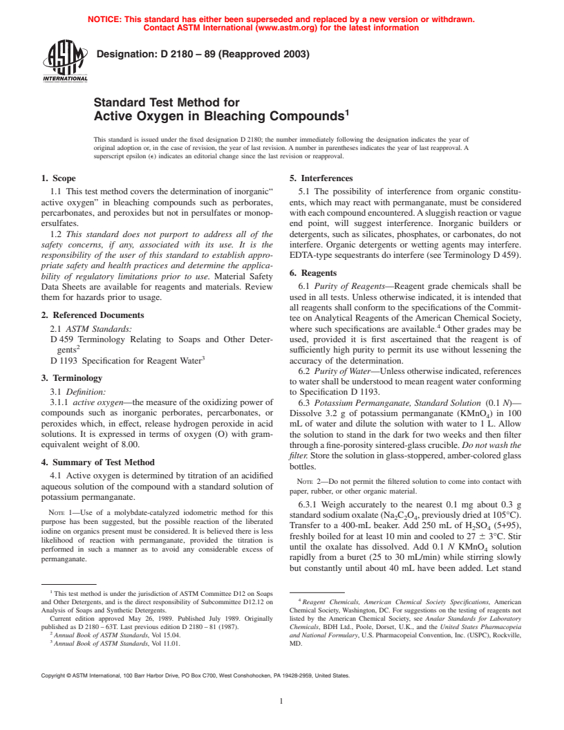 ASTM D2180-89(2003) - Standard Test Method for Active Oxygen in Bleaching Compounds