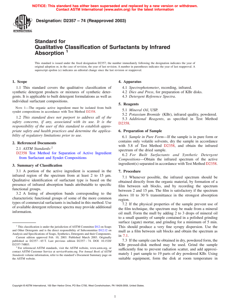 ASTM D2357-74(2003) - Standard for Qualitative Classification of Surfactants by Infrared Absorption