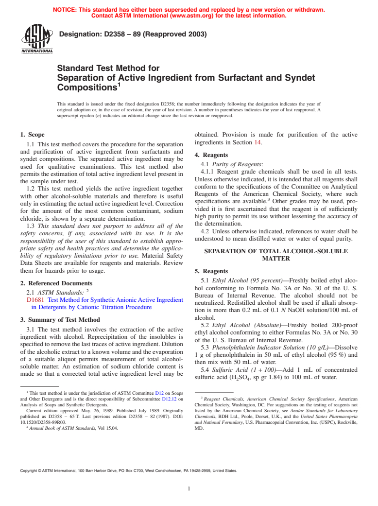 ASTM D2358-89(2003) - Standard Test Method for Separation of Active Ingredient from Surfactant and Syndet Compositions