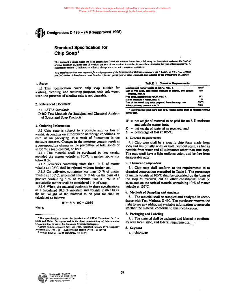 ASTM D496-74(1995) - Standard Specification for Chip Soap (Withdrawn 2000)