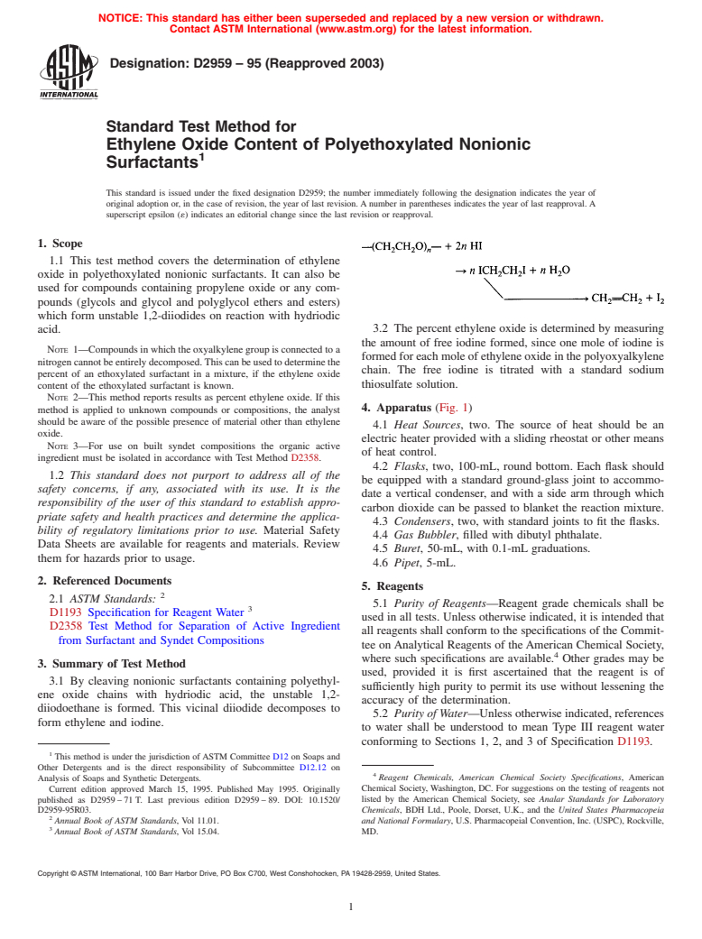 ASTM D2959-95(2003) - Standard Test Method for Ethylene Oxide Content of Polyethoxylated Nonionic Surfactants