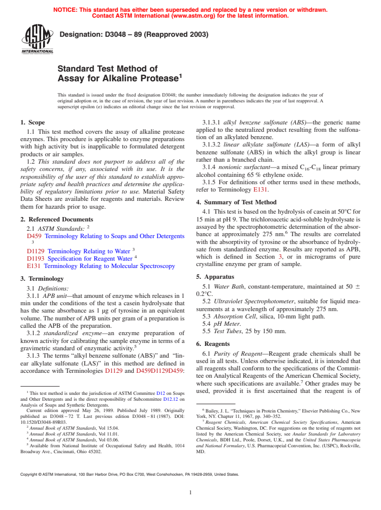 ASTM D3048-89(2003) - Standard Test Method of Assay for Alkaline Protease