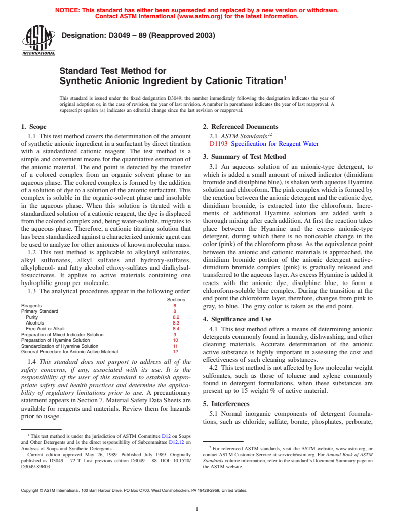 ASTM D3049-89(2003) - Standard Test Method for Synthetic Anionic Ingredient by Cationic Titration