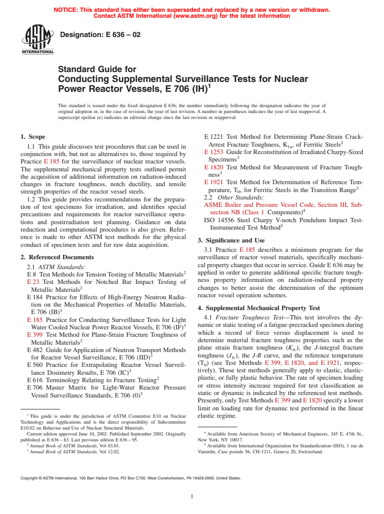 ASTM E636-02 - Standard Guide for Conducting Supplemental Surveillance Tests for Nuclear Power Reactor Vessels, E 706 (IH)