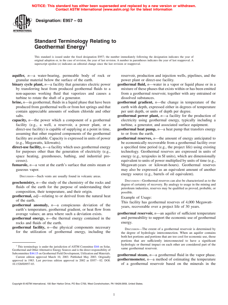 ASTM E957-03 - Standard Terminology Relating to Geothermal Energy